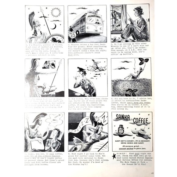PRINT AD 1943 Sanka Decaf Coffee Minerva Goddess Wisdom WWII War Jobs Women Vtg - Picture 1 of 3